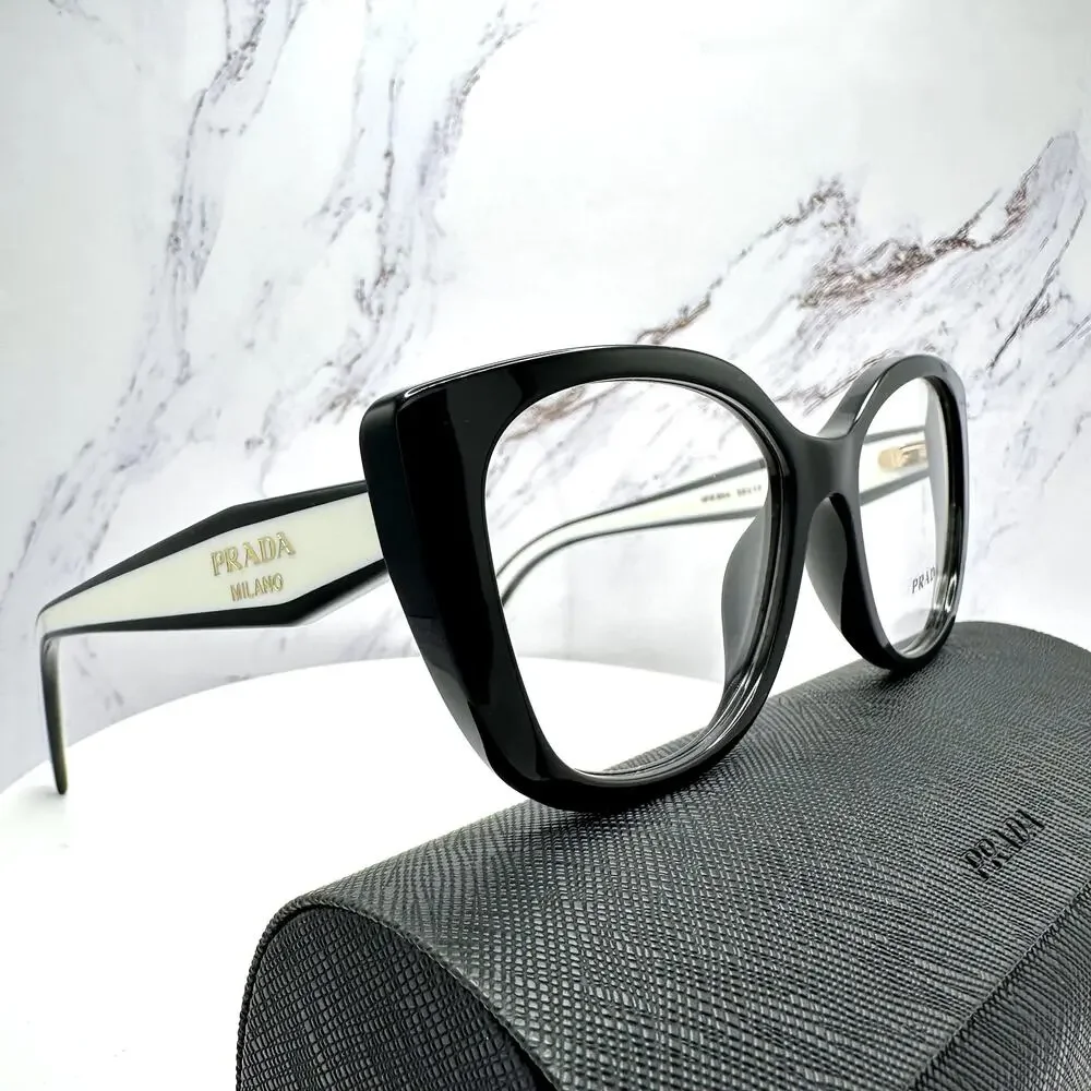 New PRADA Eyeglasses Cat Eye Black White Gold 53-17-140 Womens